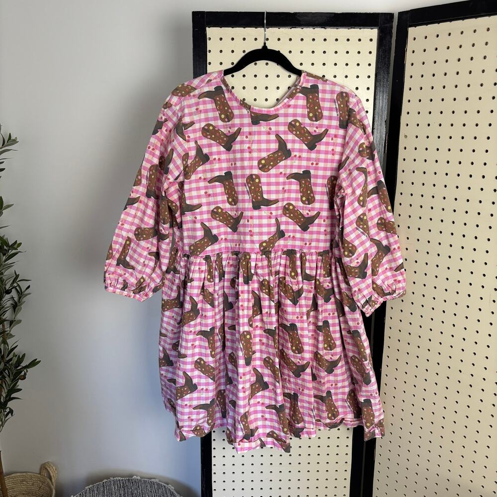 NWOT Megan Crosby Lila Cowboy Dress Pink Gingham Mini Puff-Sleeve Boot-Print - Picture 2 of 6